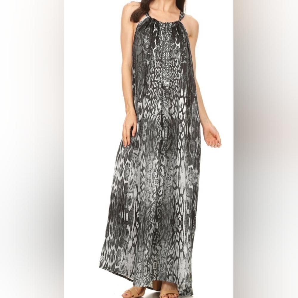 Sakkas 100% silk long adjustable column dress black animal print OS NWT